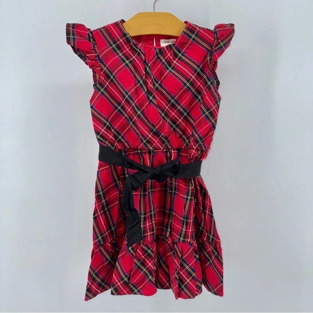 Crewcuts Girls Christmas Plaid Dress with Black Tie Belt